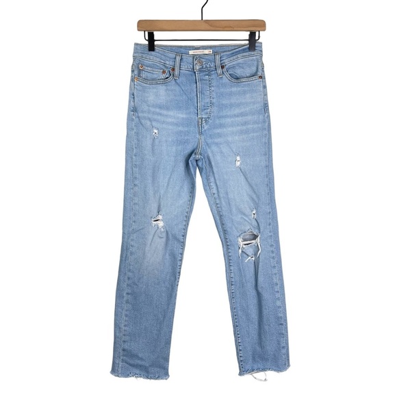 Levi's Denim - Levis Wedgie Straight Jeans 28 Distressed Light Wash Raw Hem Button Fly Stretch